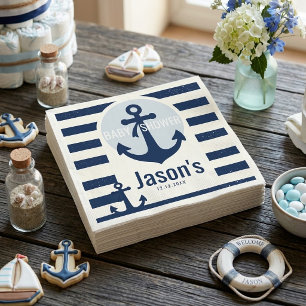 Nautical Navy Blue White Stripe Anchor Baby Shower Napkin