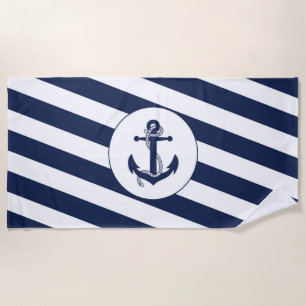 Nautical Navy Blue & White Stripe Anchor Beach Towel