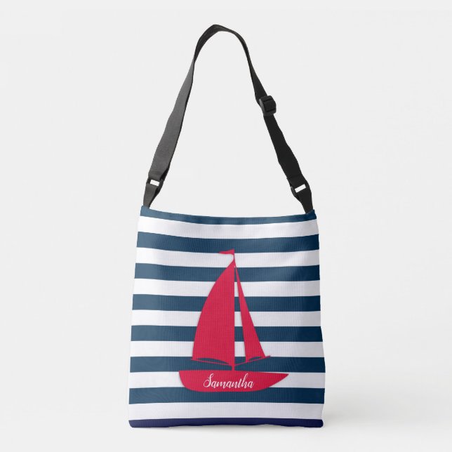 Nautical Navy Blue White Stripe Monogram Red Boat Crossbody Bag (Back)
