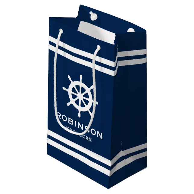 Nautical navy blue & white stripe wedding gift bag (Front Angled)