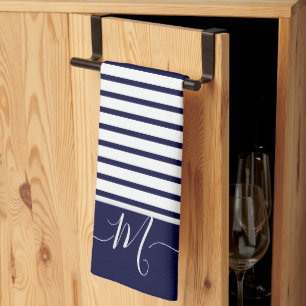 Nautical Navy Blue white Striped Monogram initial Tea Towel