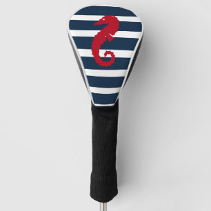 Nautical Navy Blue White Striped Red Seahorse Golf Head Cover
