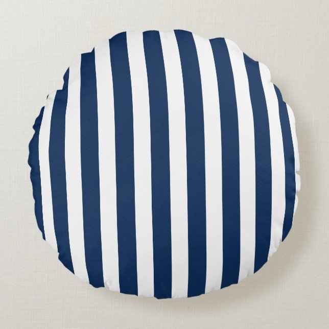 Nautical Navy Blue & White Striped  Round Cushion (Front)