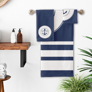 Nautical Navy Blue White Stripes Anchor Monogram Bath Towel Set