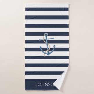 Nautical Navy Blue White Stripes Anchor Name Bath Towel