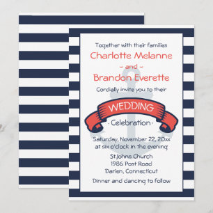 Nautical Navy Blue White Stripes Anchor Wedding Invitation