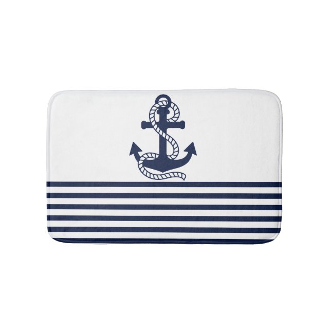 Nautical Navy Blue White Stripes and Blue Anchor Bath Mat (Front)
