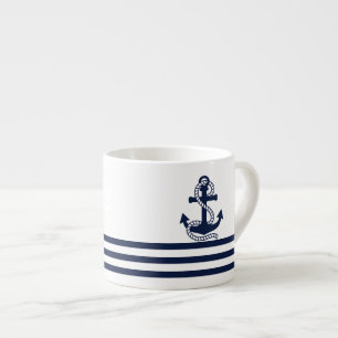 Nautical Navy Blue White Stripes and Blue Anchor Espresso Cup
