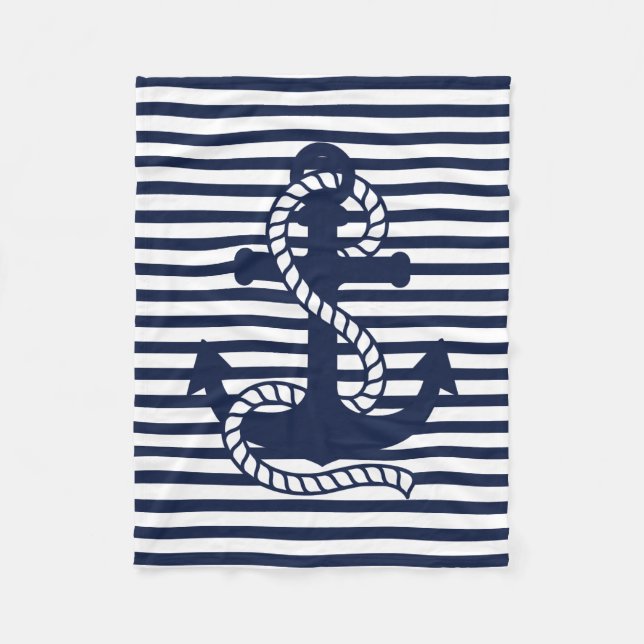 Nautical Navy blue White Stripes and Blue Anchor Fleece Blanket (Front)