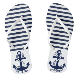 Nautical Navy Blue White Stripes and Blue Anchor Jandals