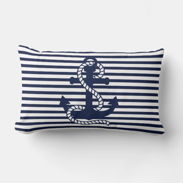 Nautical Navy blue White Stripes and Blue Anchor Lumbar Cushion (Front)