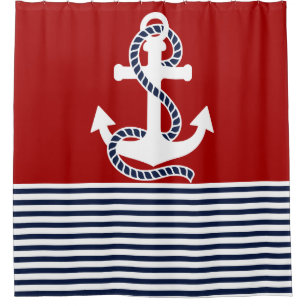 Nautical Navy Blue White Stripes and Blue Anchor Shower Curtain