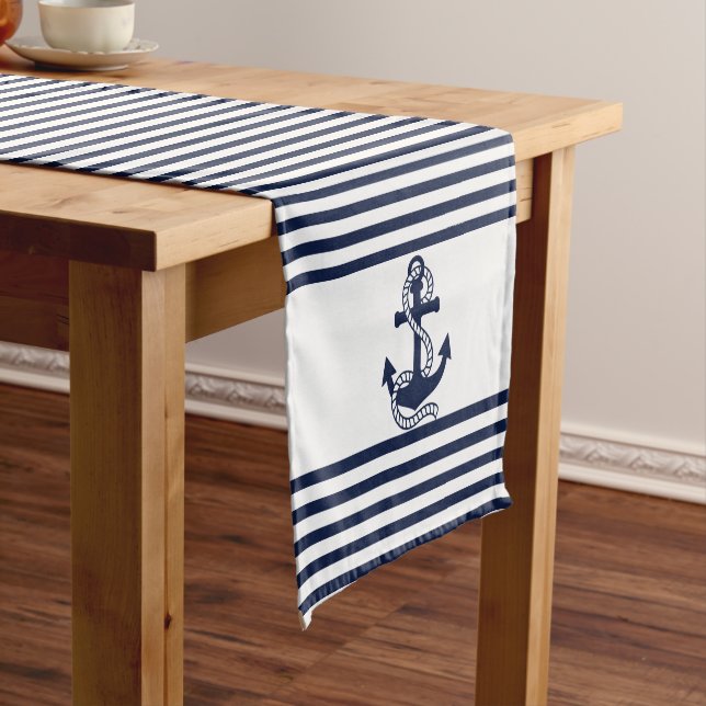 Nautical Navy Blue White Stripes and Blue Anchors Short Table Runner (In Situ)