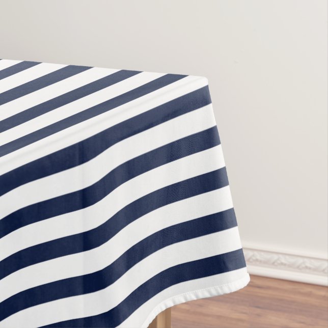 Nautical Navy Blue White Stripes and Red Anchor Tablecloth (In Situ)