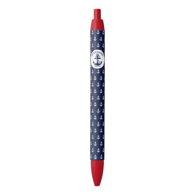 Nautical Navy blue White Stripes and White Anchor Black Ink Pen (Front Vertical)