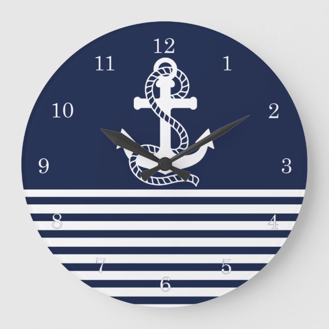 Nautical Navy Blue White Stripes and White Anchor Large Clock (Front)