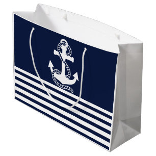 Nautical Navy blue White Stripes and White Anchor Large Gift Bag