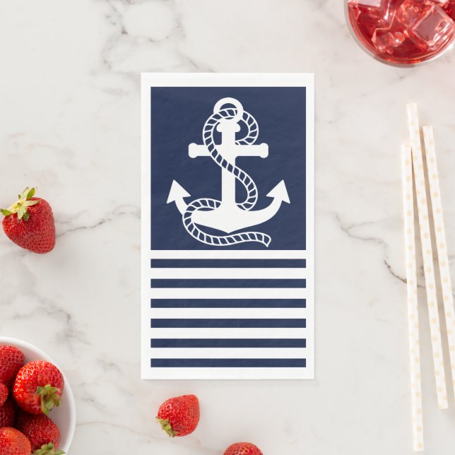 Nautical Navy blue White Stripes and White Anchor Napkin (Insitu)