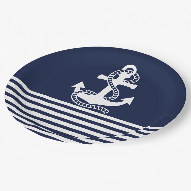 Nautical Navy blue White Stripes and White Anchor Paper Plate (Angled)