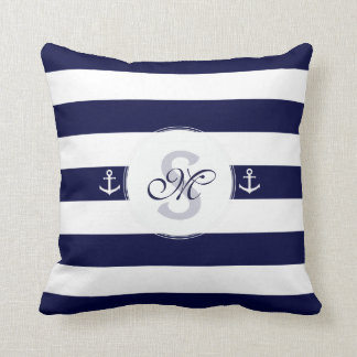 Nautical navy blue white stripes cushion
