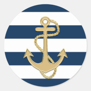 Nautical Navy Blue White Stripes Gold Anchor Classic Round Sticker