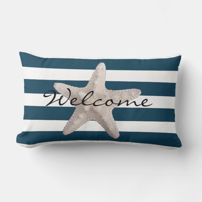 Nautical Navy Blue White Stripes Starfish Welcome Lumbar Cushion (Front)