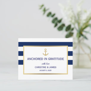 Nautical Navy Blue White Stripes Thank You Wedding Postcard