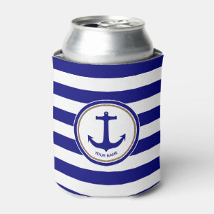 Nautical Navy Blue White Stripes with Anchor Can Cooler