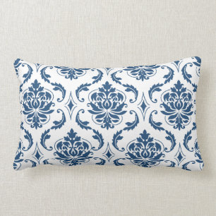 Nautical Navy Blue White Vintage Damask Pattern Lumbar Cushion
