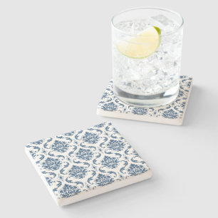 Nautical Navy Blue White Vintage Damask Pattern Stone Coaster