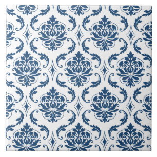Nautical Navy Blue White Vintage Damask Pattern Tile