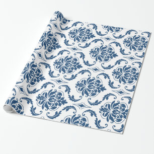 Nautical Navy Blue White Vintage Damask Pattern Wrapping Paper