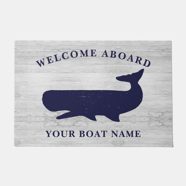 Nautical Navy Blue White Welcome Aboard Boat Name  Doormat (Front)