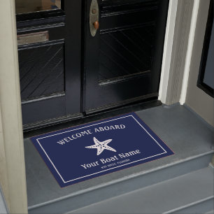 Nautical Navy Blue White Welcome Aboard Starfish Doormat