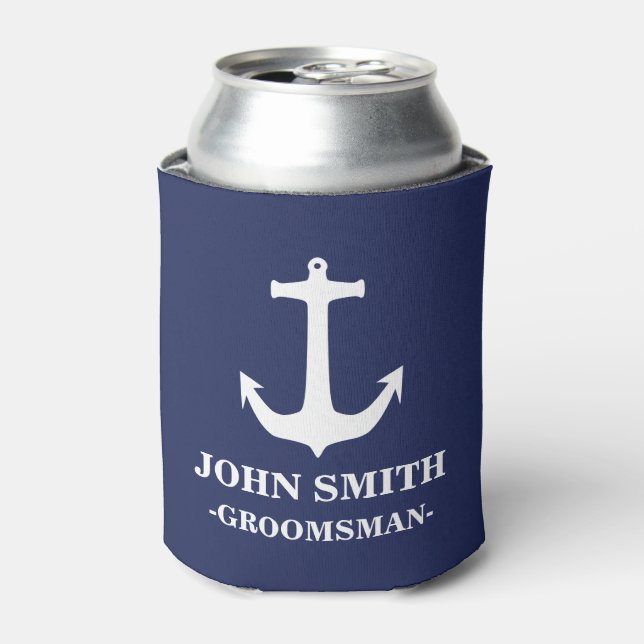 Nautical Navy Blue with White Anchor Groomsman Can Cooler (Can Front)