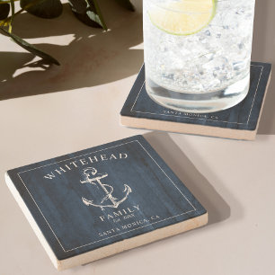 Nautical Navy Blue Wood Anchor Family Stone Coaster