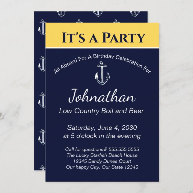Nautical Navy Blue Yellow Anchor Birthday Party Invitation (Front/Back)