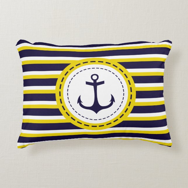 Nautical Navy Blue Yellow Stripes Anchor Design Decorative Cushion (Front)