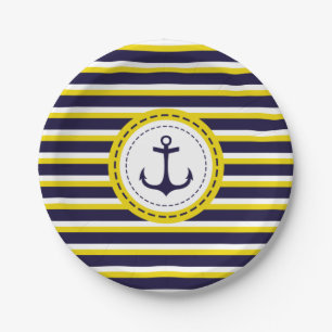 Nautical Navy Blue Yellow Stripes Anchor Design Paper Plate