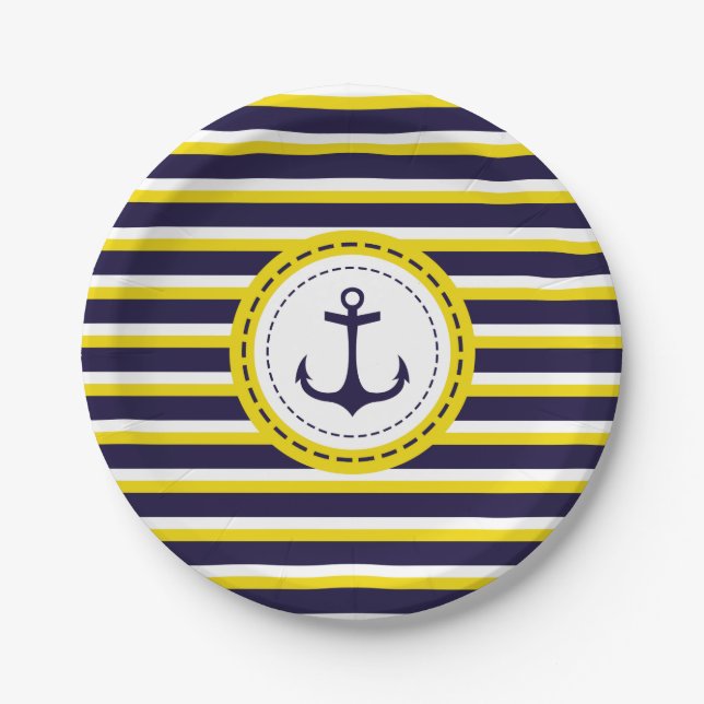 Nautical Navy Blue Yellow Stripes Anchor Design Paper Plate (Front)