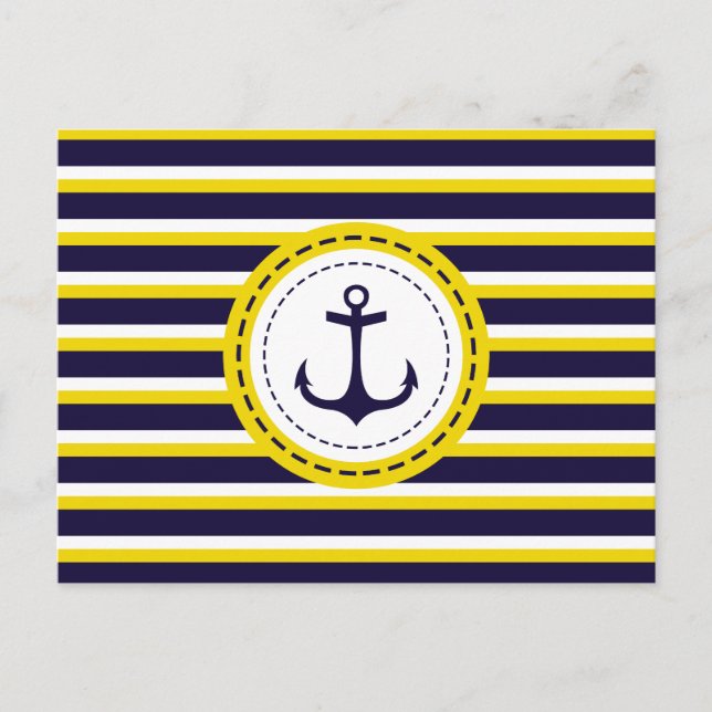 Nautical Navy Blue Yellow Stripes Anchor Design Postcard (Front)
