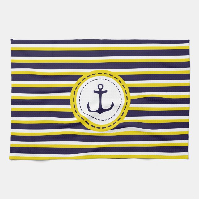 Nautical Navy Blue Yellow Stripes Anchor Design Tea Towel (Horizontal)