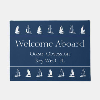 Nautical Navy Boat Name Welcome Mat with Sailboats