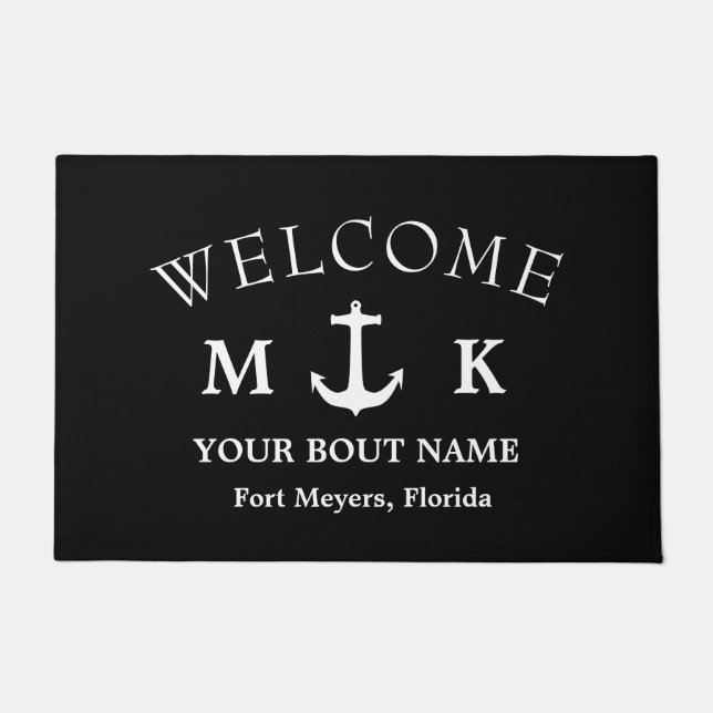 Nautical Navy Brown me Aboard Boat Name Anchor Doo Doormat (Front)