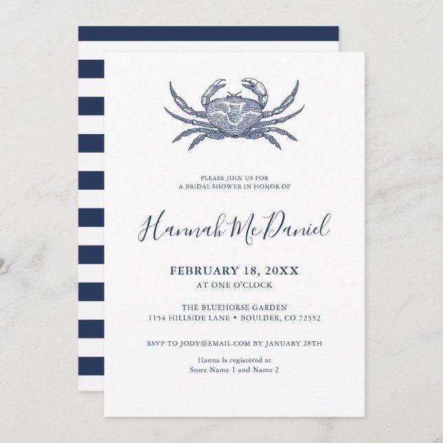 Nautical Navy Crab Bridal Shower Invitation Card (Front/Back)