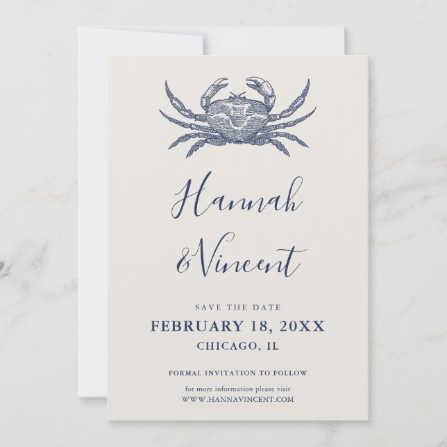 Nautical Navy Crab Save the Date Card (Front)