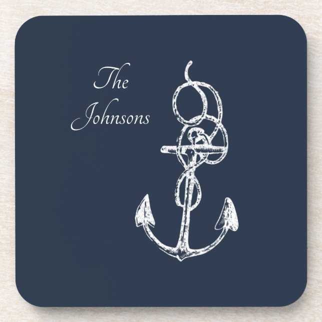 Nautical Navy Custom Family Name Anchor Coaster (Front)
