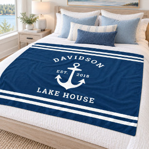 Nautical Navy Family Lake House Anchor Fleece Blanket