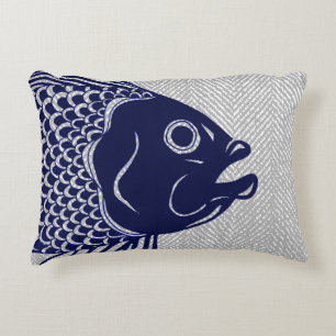 Nautical Navy Fish Head & Grey Herringbone Decorative Cushion