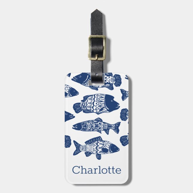 Nautical Navy Floral Fish Luggage Tag (Front Vertical)